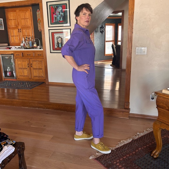 Vintage 1980s Purple Utility Jumpsuit ⚡ Snap Front / Elastic Waist - Picture 12 of 12